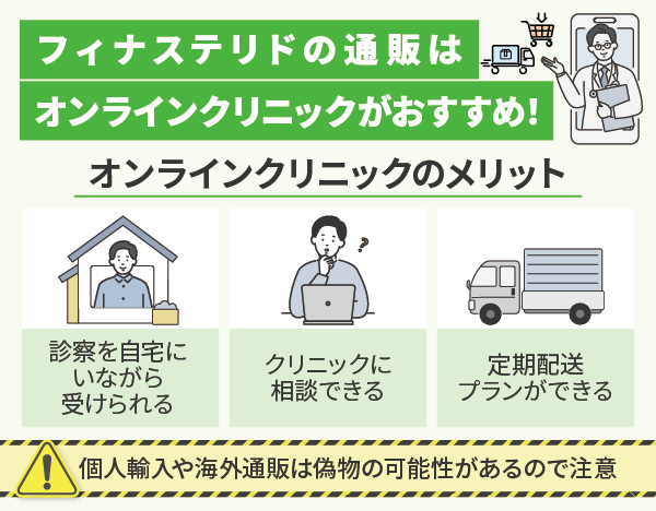 プロペシア（フィナステリド）をオンラインクリニックで購入するメリットについてまとめた画像